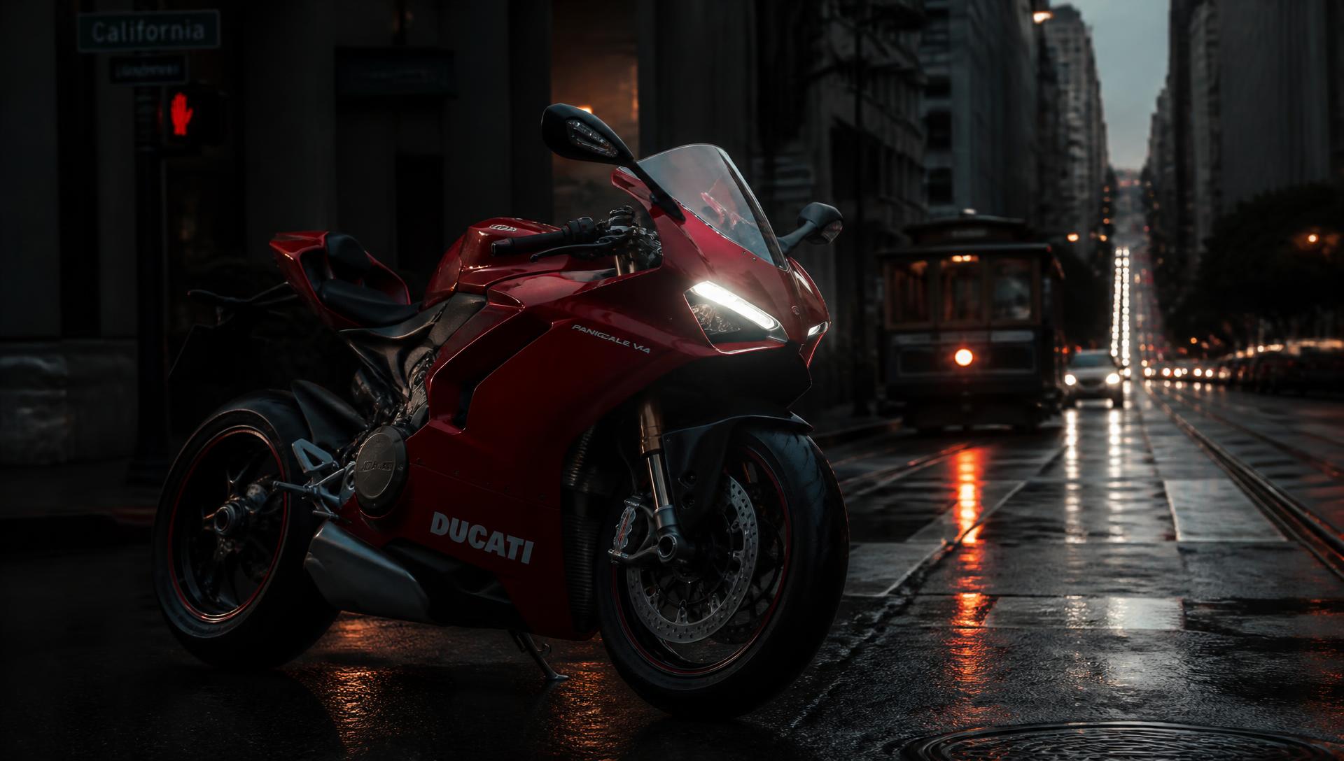 Red Ducati sport motorcycle on a San Francisco street at dusk